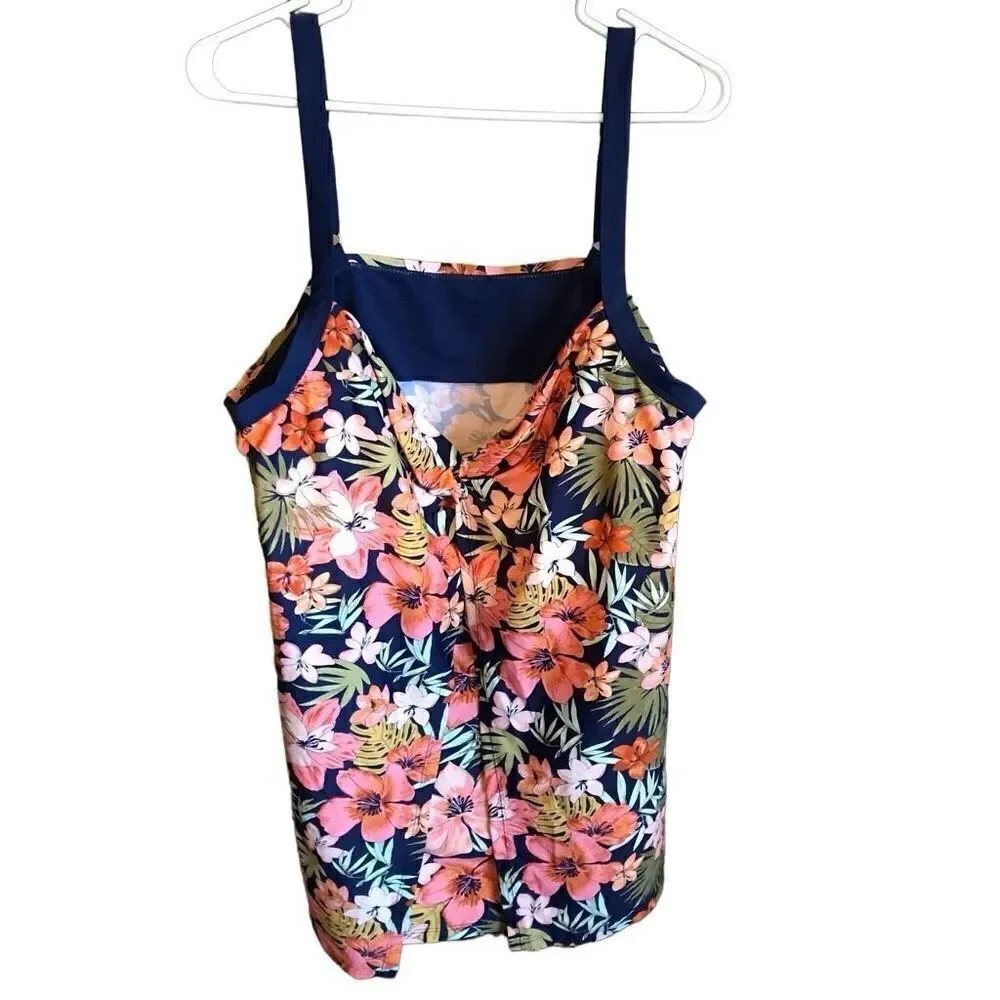 Heat swimwear 24W Tankini Top Adj Straps underwire blue floral Tiki New w/tags
